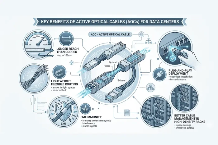 Key benefits of active optical cables including longer reach, lightweight routing, EMI immunity, and plug-and-play deployment Key benefits of active optical cables including longer reach, lightweight routing, EMI immunity, and plug-and-play deployment