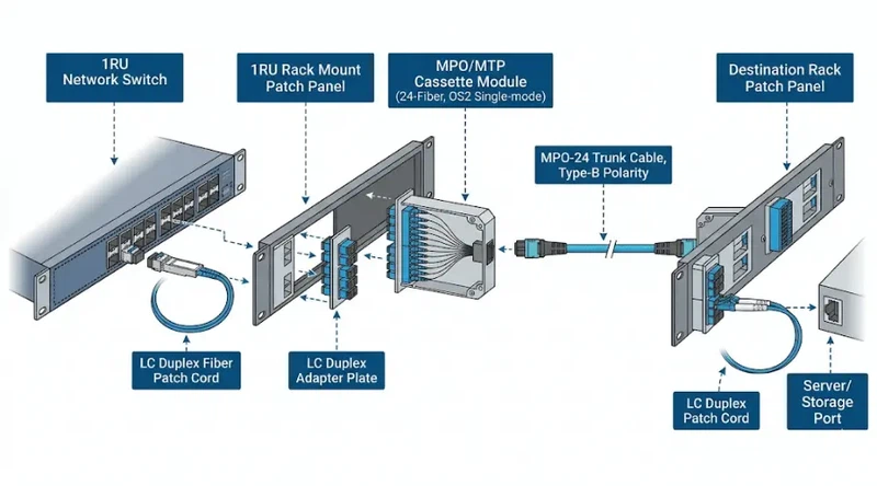 MPO MTP fiber polarity system with trunk cable cassette adapter and patch cords MPO MTP fiber polarity system with trunk cable cassette adapter and patch cords